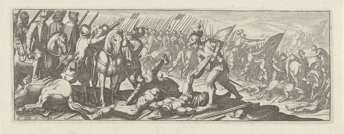 Soldaten beroven lijken op het slagveld by Simon Frisius, print, 1595-1628