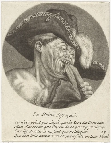 Monnik met een gevederde hoed by Jacob Gole, print, 1670-1724