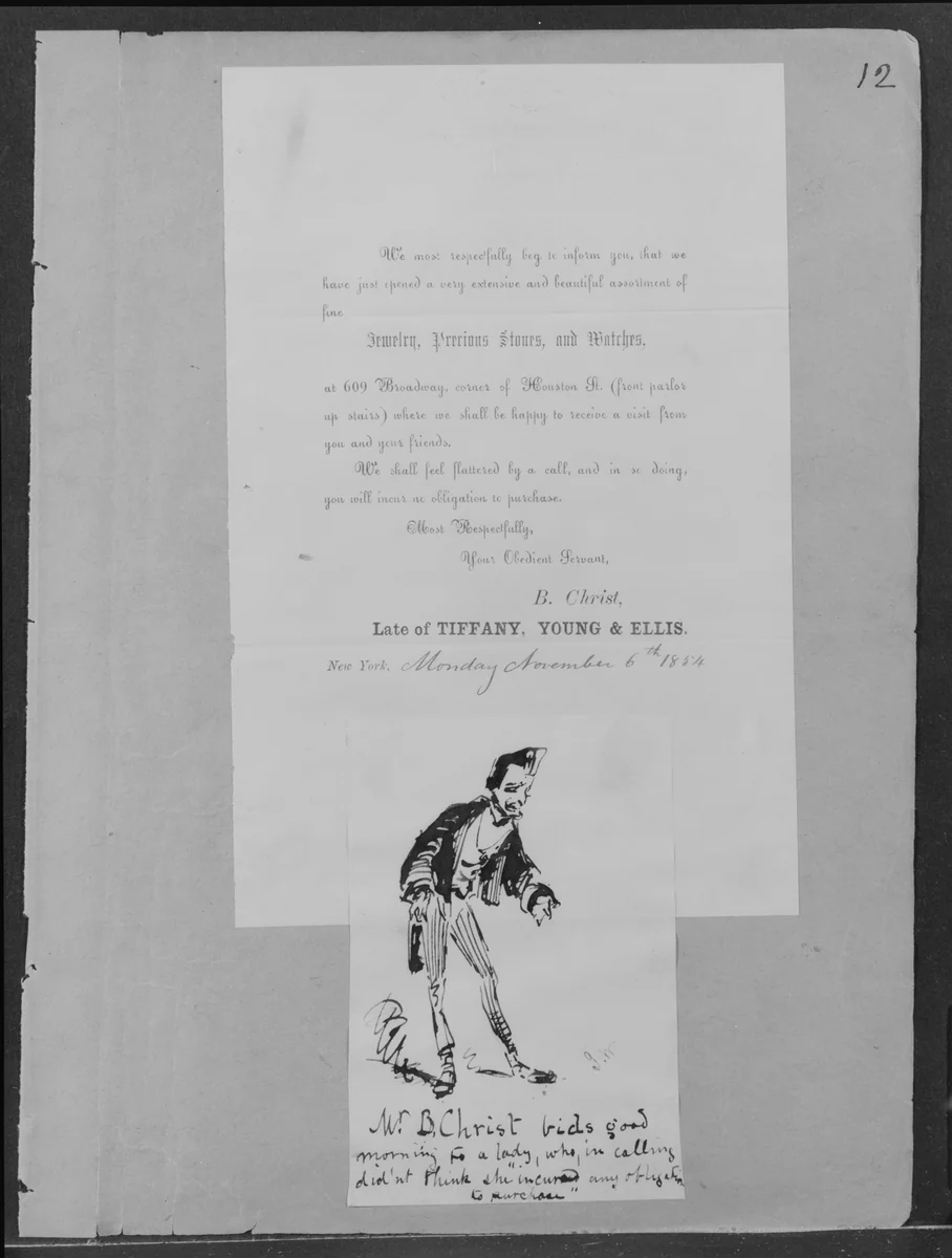 Printed Announcement from B. Christ to which is Glued Drawing with Inscription "W.B. Christ bids good morning . . . " (from Sketchbook) by James McNeill Whistler, artwork, 1854-1855