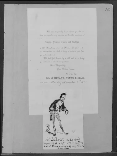 Printed Announcement from B. Christ to which is Glued Drawing with Inscription "W.B. Christ bids good morning . . . " (from Sketchbook) by James McNeill Whistler, artwork, 1854-1855