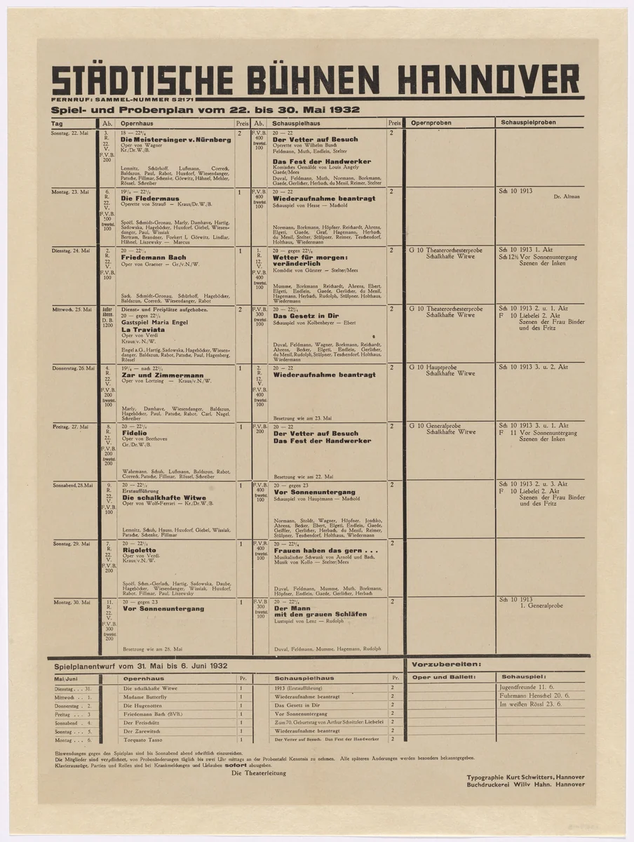 Poster for Hannover Municipal Theaters (Städtische Bühnen Hannover) by Kurt Schwitters, design, 1932