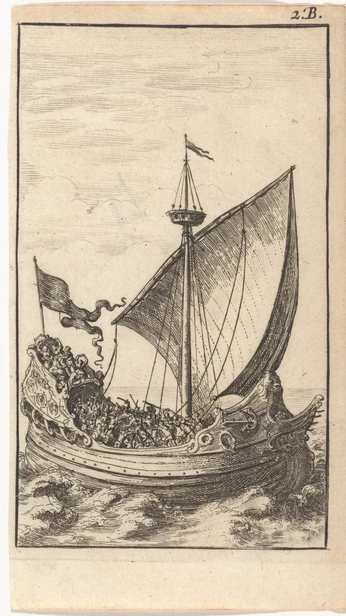 Galei met soldaten op zee by Abraham Dircksz. Santvoort, print, 1667