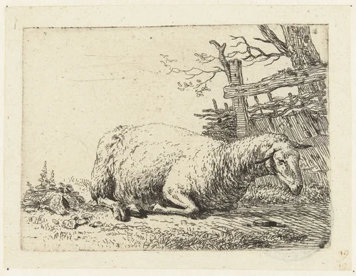 Schaap bij een gevlochten hek by Karel du Jardin, print, 1652-1659