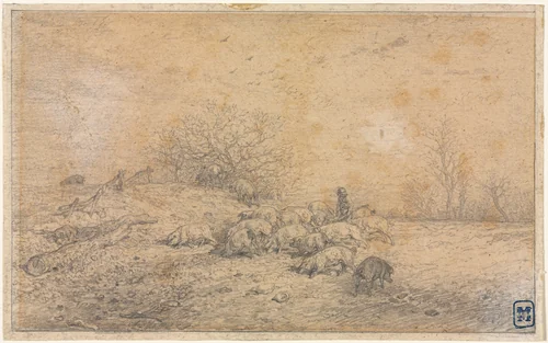 Herd of Pigs by Charles-Émile Jacque, drawing, 1840-1850
