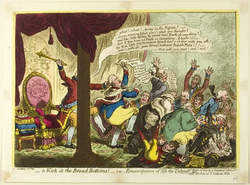 A Kick at the Broad Bottoms by James Gillray, print, 1807