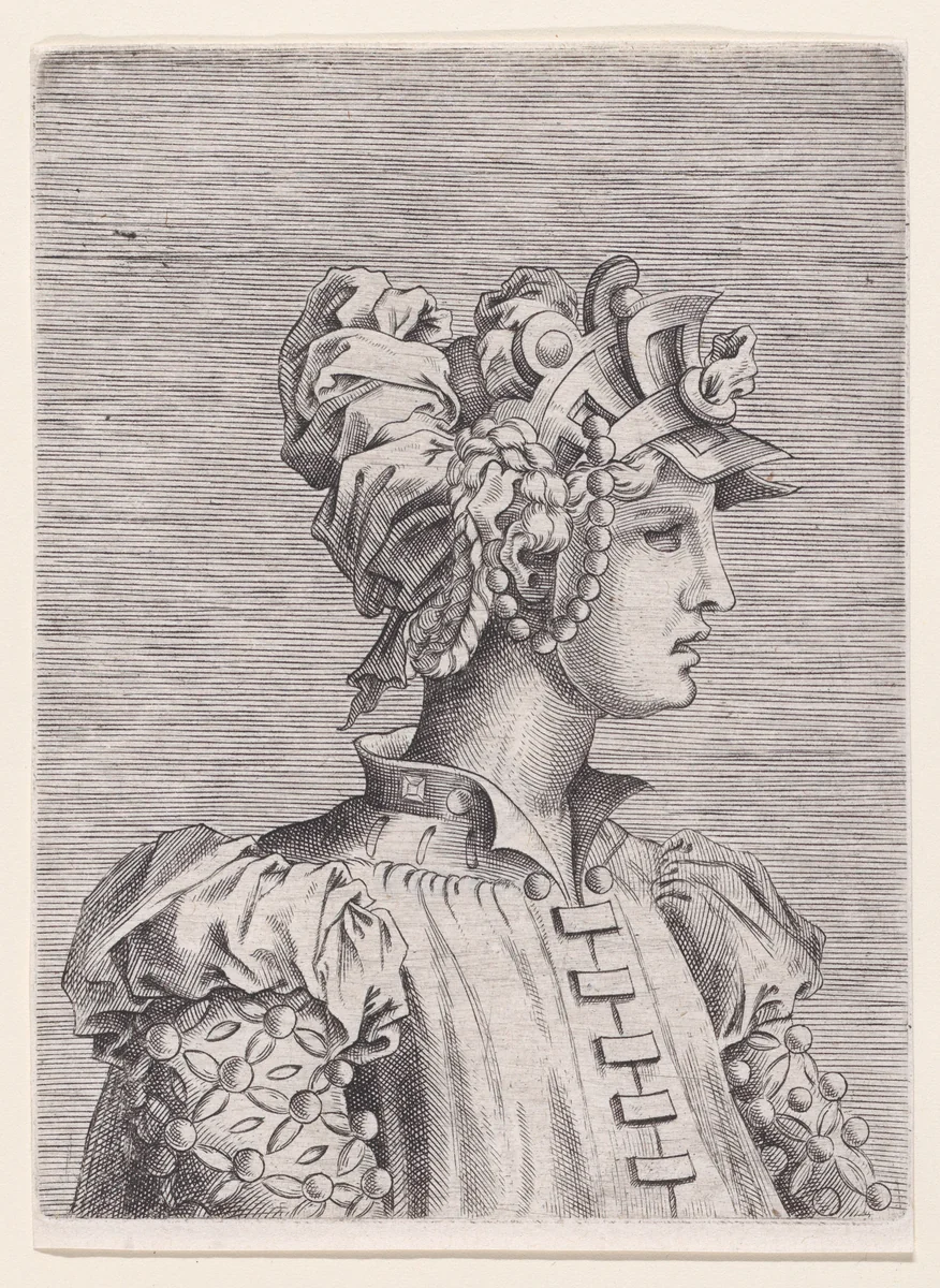 Bust of a Woman Wearing a Fantastic Head-dress and Mask by René Boyvin, print, 1525-1600