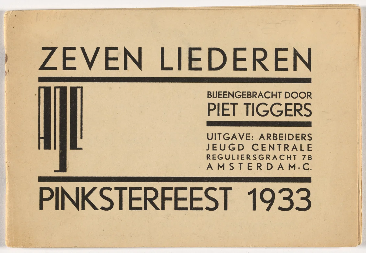 Sheet music for Seven Songs Brought Together (Zeven Liederen Bijeengebracht door Piet Tiggers) by Piet Tiggers by Fré Cohen, design, 1933