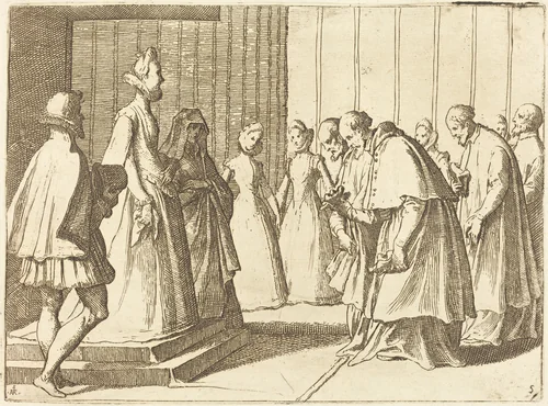 Margaret of Austria Receiving the Homage of Cardinals and Prelates by Raffaello Schiaminossi, print, 1612
