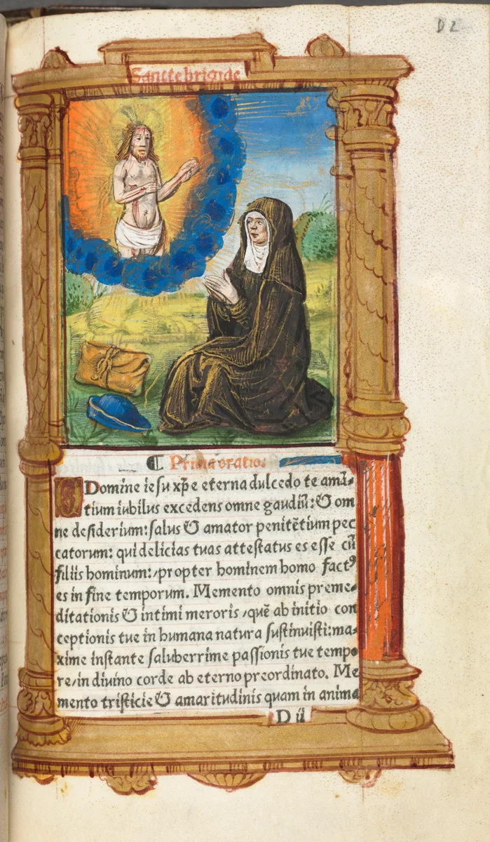 Printed Book of Hours (Use of Rome): fol. 90r, St. Bridget in Prayer before an Apparition of Christ by Guillaume Le Rouge, book, 1510