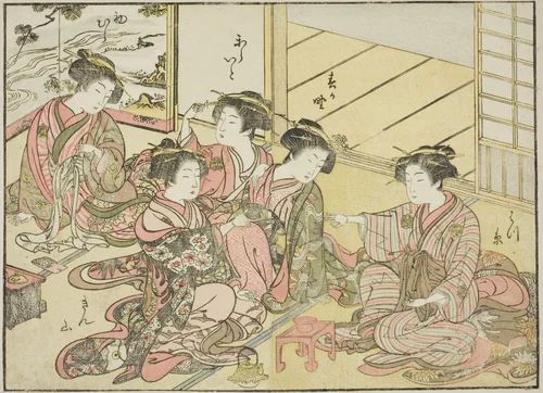 Courtesans of the Gakuiseya, from the book "Mirror of Beautiful Women of the Pleasure Quarters (Seiro bijin awase sugata kagami)," vol. 1 by Katsukawa Shunsho (勝川 春章), print, 1776