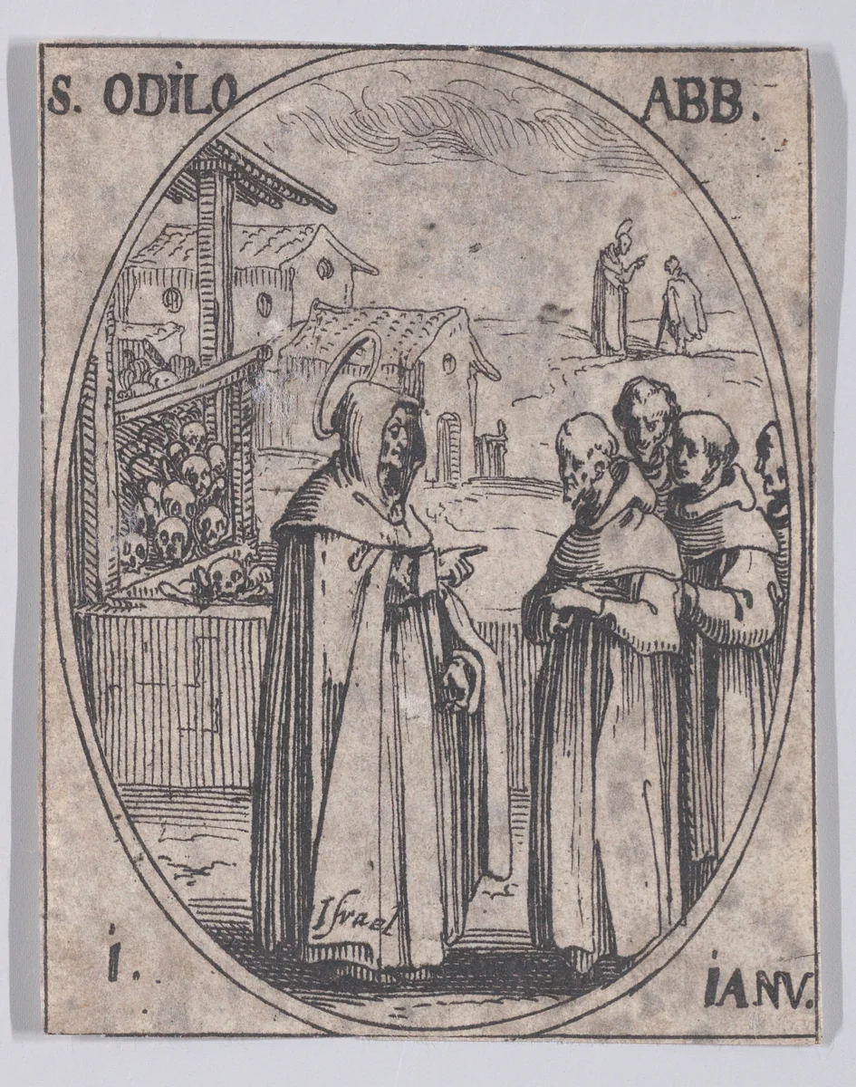 S. Odilon, abbé (St. Odilo, Abbot), January 1st, from "Les Images De Tous Les Saincts et Saintes de L'Année" (Images of All of the Saints and Feast Days of the Year) by Jacques Callot, print, 1636