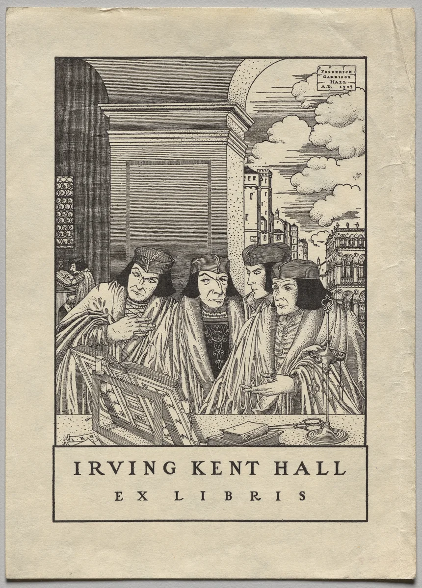 Bookplate: Irving Kent Hall, Ex Libris inscribed by Frederick Garrison Hall, print