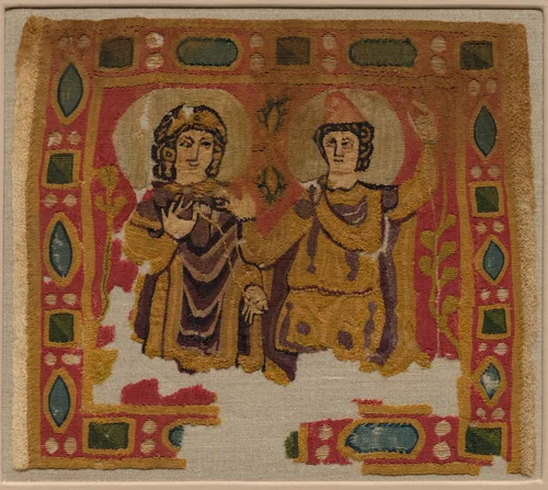 Two Figures Framed by a Jeweled Border by Unknown, textile, 450-550