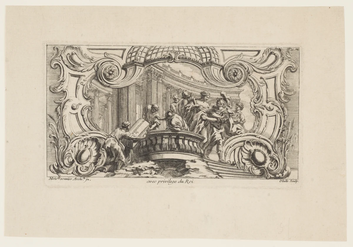 Rocaille Cartouche with the Abduction of Helen of Troy, from "'Livre D'Ornemens Inventes & Dessines Par J. O. Meissonnier (...)" by Obelle, print, 1734