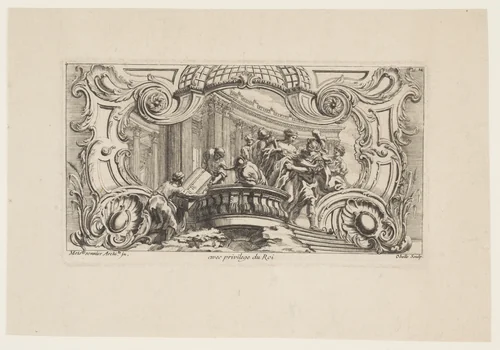 Rocaille Cartouche with the Abduction of Helen of Troy, from "'Livre D'Ornemens Inventes & Dessines Par J. O. Meissonnier (...)" by Obelle, print, 1734