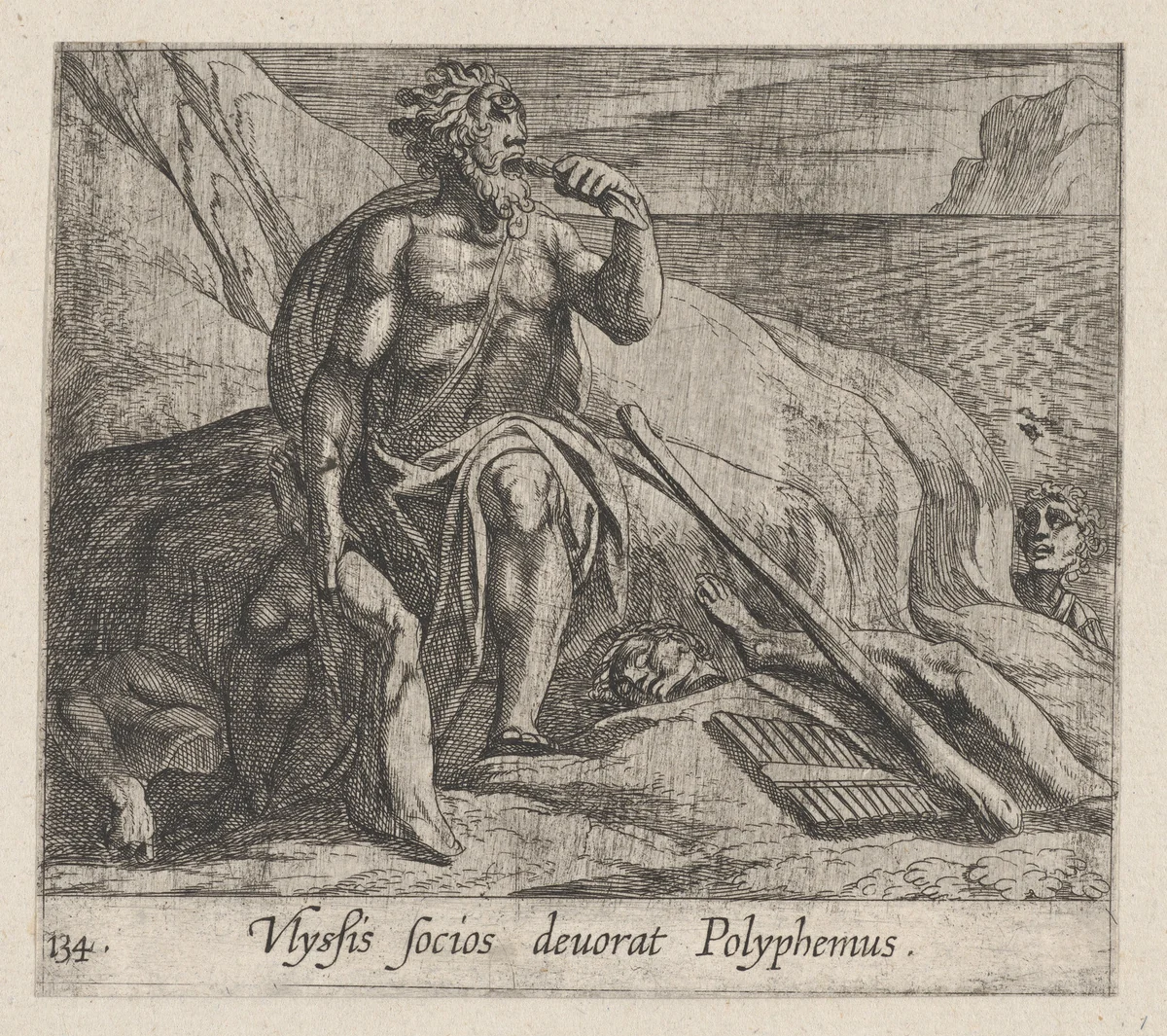 Plate 143: Polyphemus Eating Ulysses' Men, as Achaemides Watches (Ulyssis socios deuorat Polyphemus), from Ovid's 'Metamorphoses' by Antonio Tempesta, print, 1606