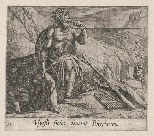 Plate 143: Polyphemus Eating Ulysses' Men, as Achaemides Watches (Ulyssis socios deuorat Polyphemus), from Ovid's 'Metamorphoses' by Antonio Tempesta, print, 1606