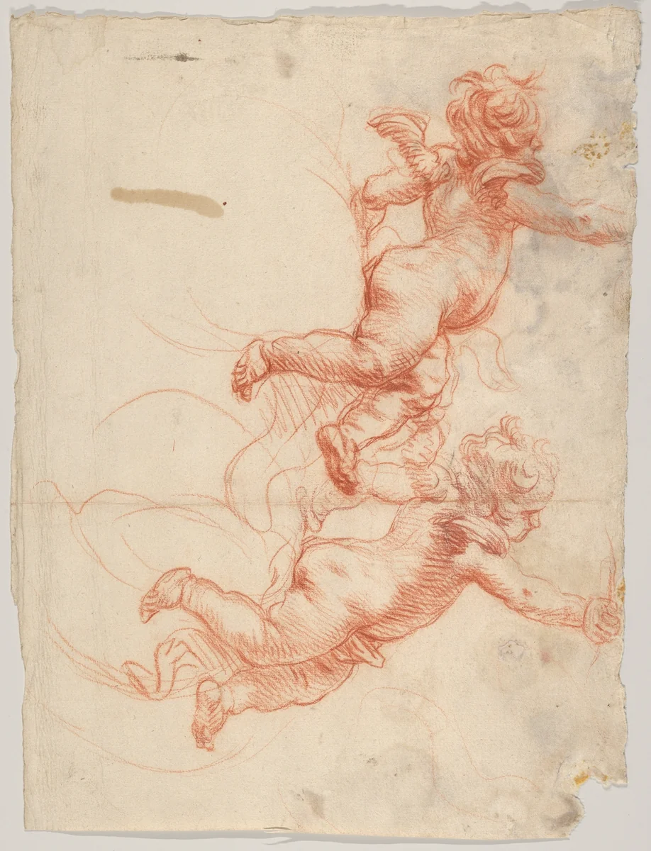 Two Studies of a Flying Putto by Cornelis Schut, drawing, 1617-1655