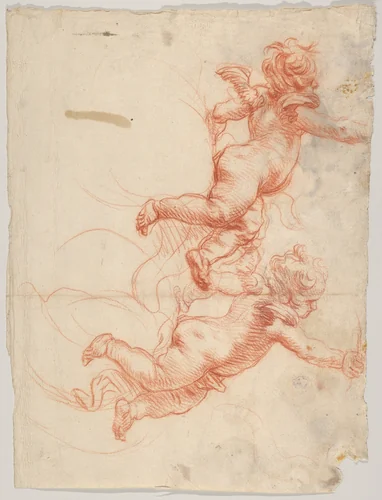 Two Studies of a Flying Putto by Cornelis Schut, drawing, 1617-1655