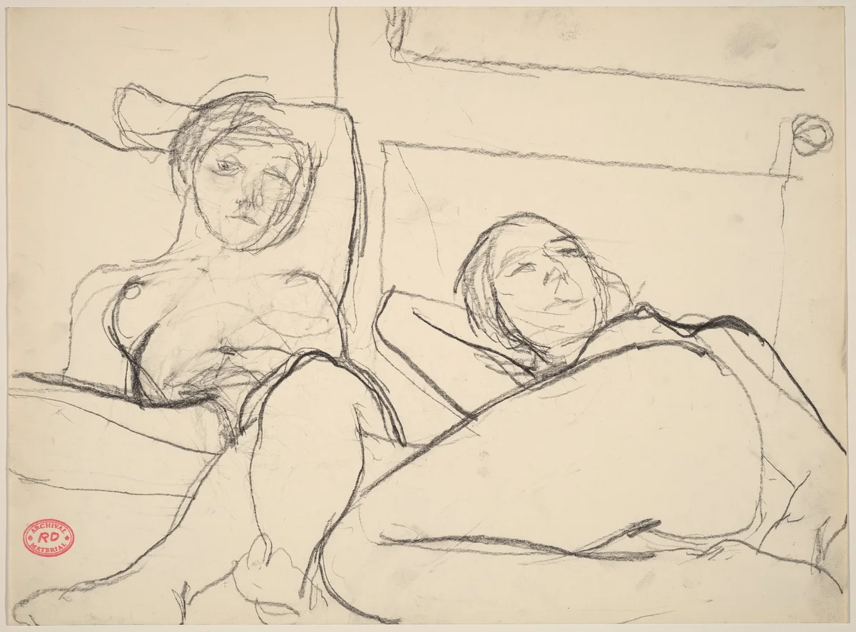 Untitled [two female nudes reclining before a door] by Richard Diebenkorn, drawing, 1955-1967
