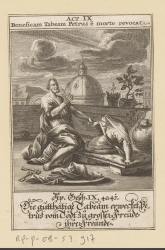 Apostel Petrus wekt Tabitha tot leven by anonymous, print, 1697