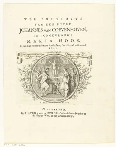 Titelpagina voor Ter bruylofte van den heere Johannes van Coevenhoven en jongkvrouwe Maria Hoos, Amsterdam, 1723 by Pieter van den Berge, print, 1723