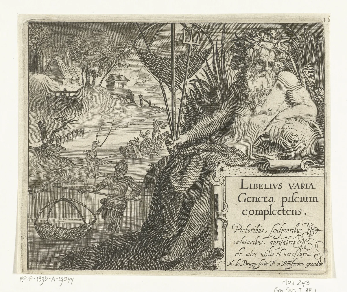 Titelprent met titel en riviergod met drietand en visnet in landschap met vissers by Unknown, print, 1581-1656