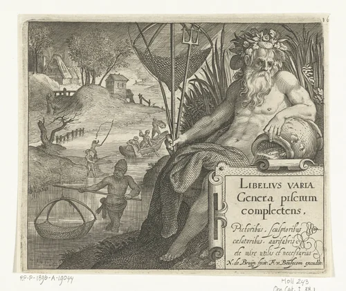 Titelprent met titel en riviergod met drietand en visnet in landschap met vissers by Unknown, print, 1581-1656
