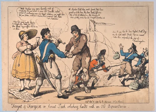 Forget & Forgive, or Honest Jack Shaking Hands with and Old Acquaintance by Thomas Rowlandson, print, 1799