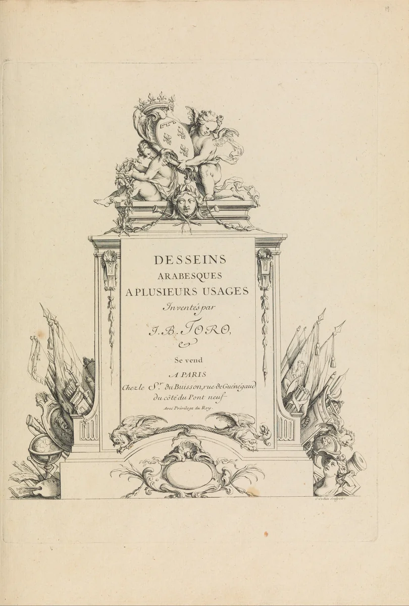 Desseins Arabesques a Plusieurs Usages Inventés par J.B. Toro (Title Page) by Jean Bernard Toro, book, 1716