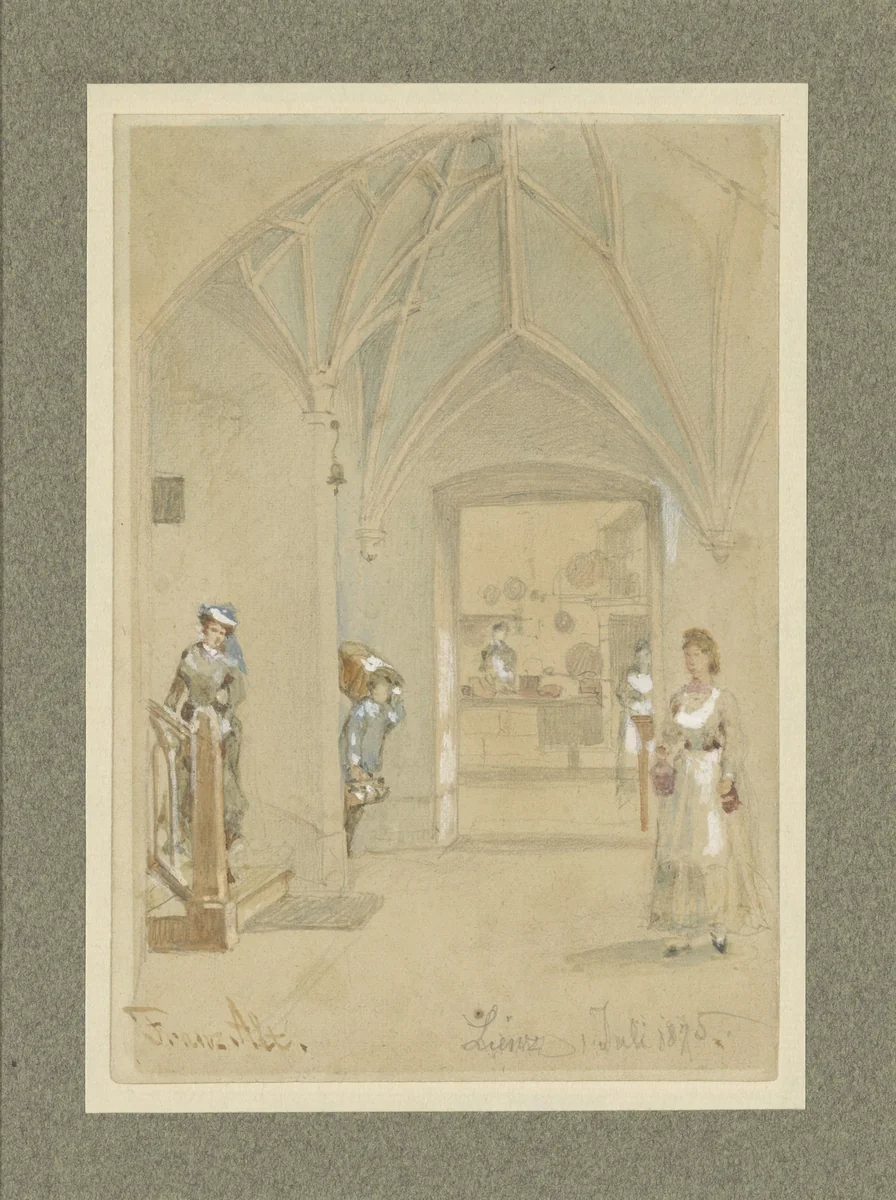 Gang van een Gasthaus met doorkijk in de keuken by Franz Alt, drawing, 1875