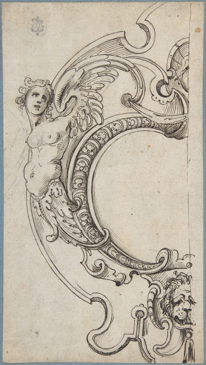 Half of a Cartouche with a Female Figure on the Left and a Lion's Head on the Bottom by anonymous, drawing, 1600-1699