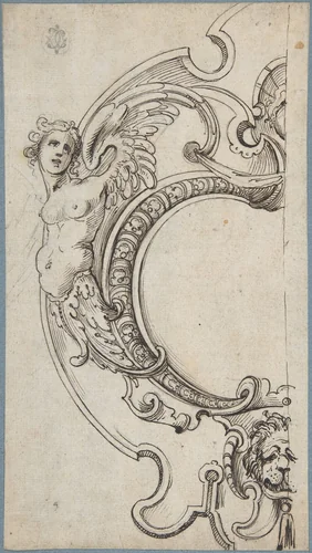 Half of a Cartouche with a Female Figure on the Left and a Lion's Head on the Bottom by anonymous, drawing, 1600-1699