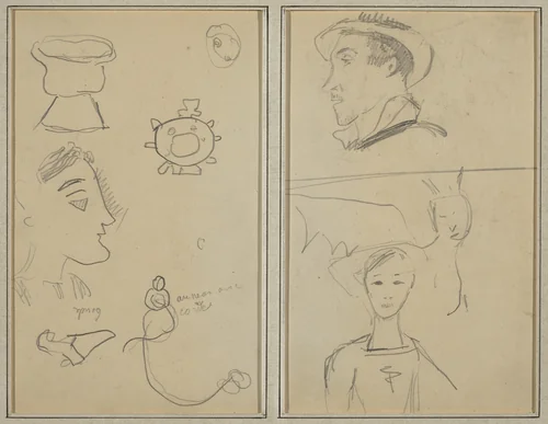 A Caricature and Five Forms; A Man in Profile, a Winged Creature and a Boy [verso] by Paul Gauguin, drawing, 1884-1888