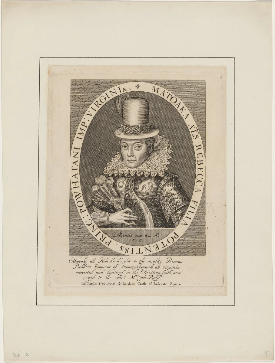 Matoaka Als Rebecka (Pocohontas) by Crispijn van de Passe I, print, 1565-1637