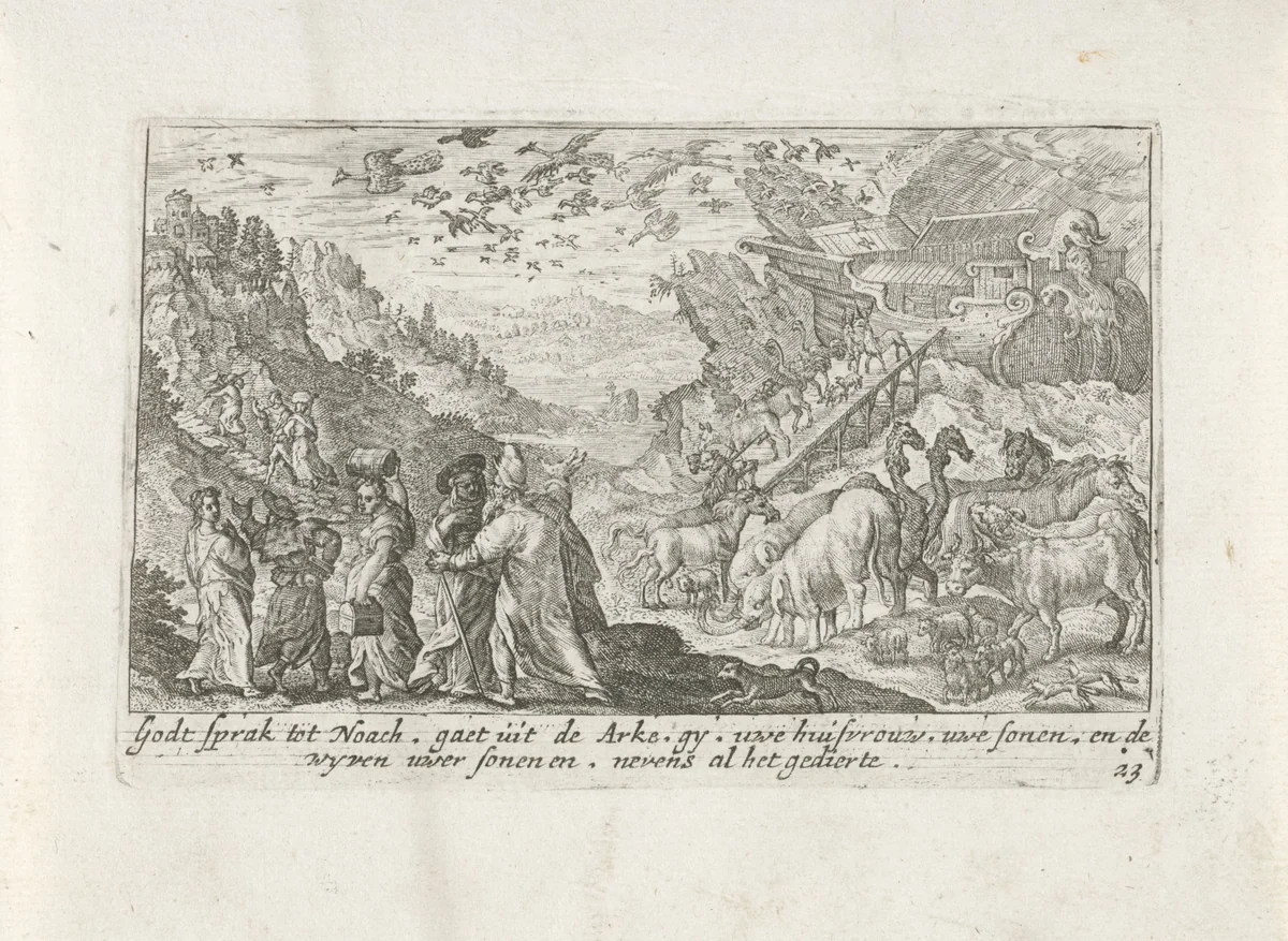 Noach leidt zijn gezin en de dieren de ark uit by Crispijn van de Passe, print, 1700-1750