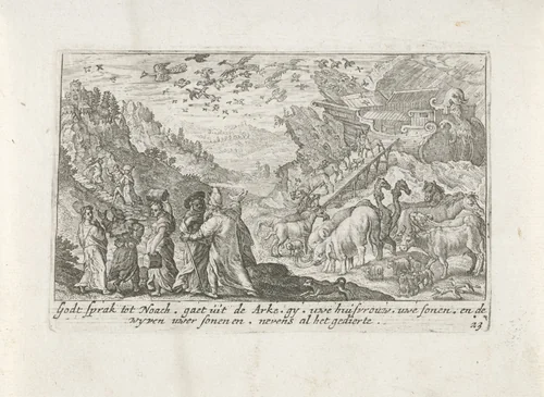 Noach leidt zijn gezin en de dieren de ark uit by Crispijn van de Passe, print, 1700-1750