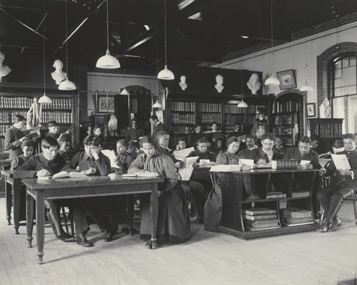 English. Study in the Library by Frances Benjamin Johnston, photograph, 1899