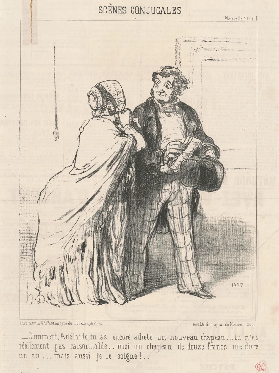 Comment ... tu as encore acheté un ... chapeau ... by Honoré Daumier, print, 1851