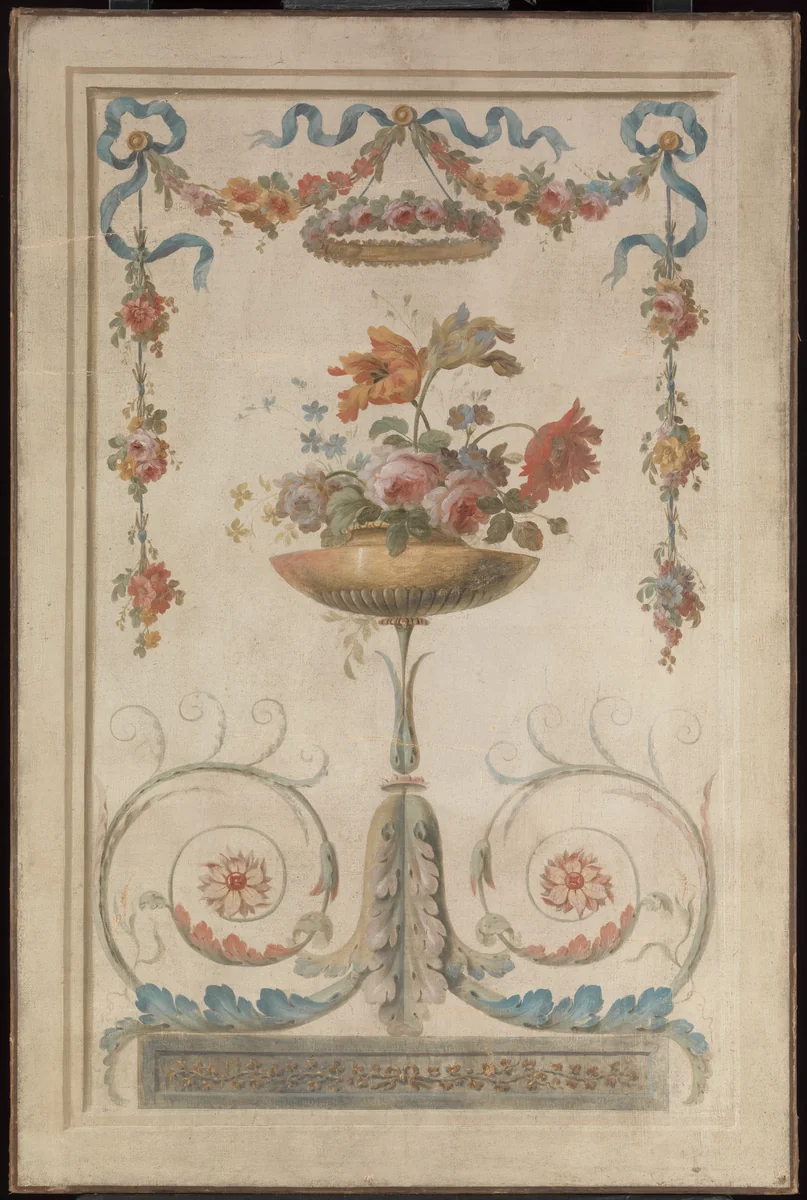 Vase of Flowers Resting on Foliate Scrolls by French Painter, painting, 1770-1790