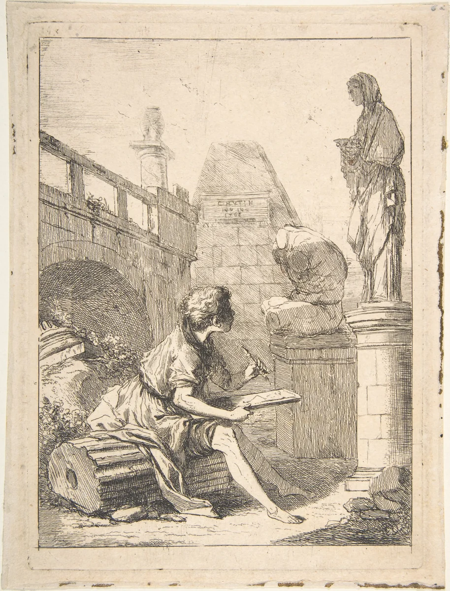 Boy Sketching Ruins by Charles Hutin, print, 1700-1799