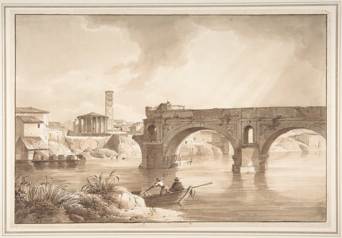 A View of the Tiber from the North Bank, with the Temple of Vesta, the Campanile of S. Maria in Cosmedin and the Ponte Rotto by Achille Etna Michallon, drawing, 1819