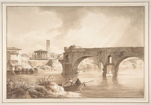 A View of the Tiber from the North Bank, with the Temple of Vesta, the Campanile of S. Maria in Cosmedin and the Ponte Rotto by Achille Etna Michallon, drawing, 1819