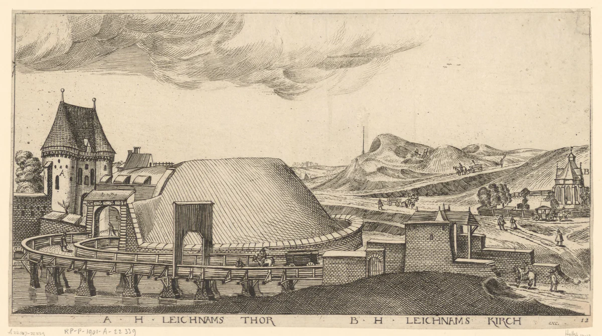 Gezicht op de Heilige Leichnam-kerk en toren buiten Danzig by Aegidius Dickmann, print, 1625