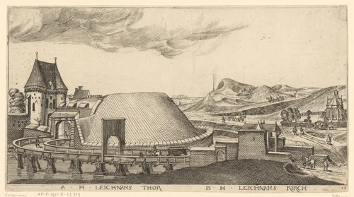 Gezicht op de Heilige Leichnam-kerk en toren buiten Danzig by Aegidius Dickmann, print, 1625