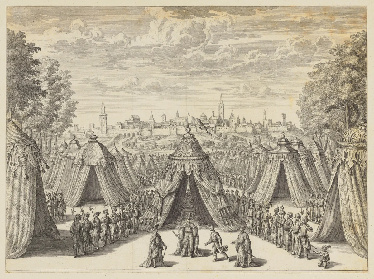 Turkish Camp Before a Christian City by Ludovico Ottavio Burnacini, print, 1650-1700