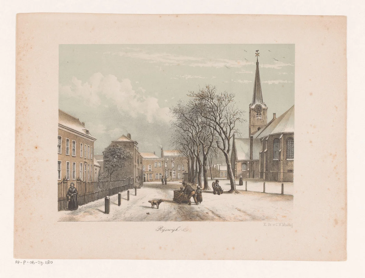 Besneeuwde straat in Rijswijk by anonymous, print, 1863
