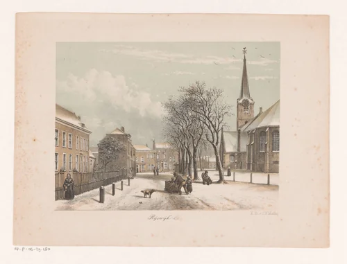 Besneeuwde straat in Rijswijk by anonymous, print, 1863