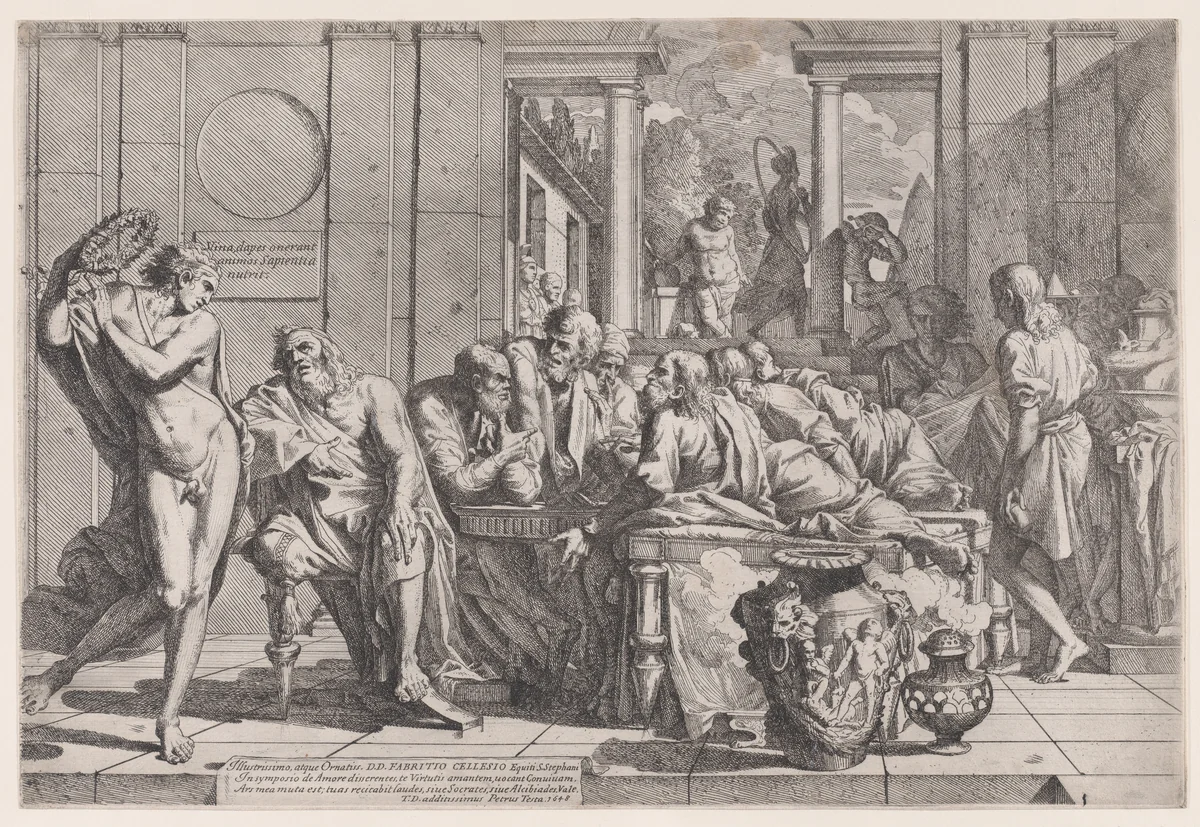 Plato's symposium: Socrates and his companions seated around a table discussing ideal love interruputed by Acibiades at left by Pietro Testa, print, 1600-1650