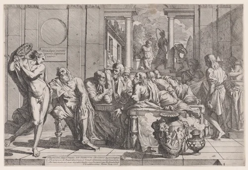 Plato's symposium: Socrates and his companions seated around a table discussing ideal love interruputed by Acibiades at left by Pietro Testa, print, 1600-1650